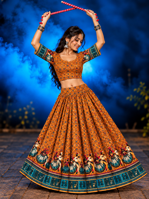 Orange Gopis Dancing Chania Choli model shot