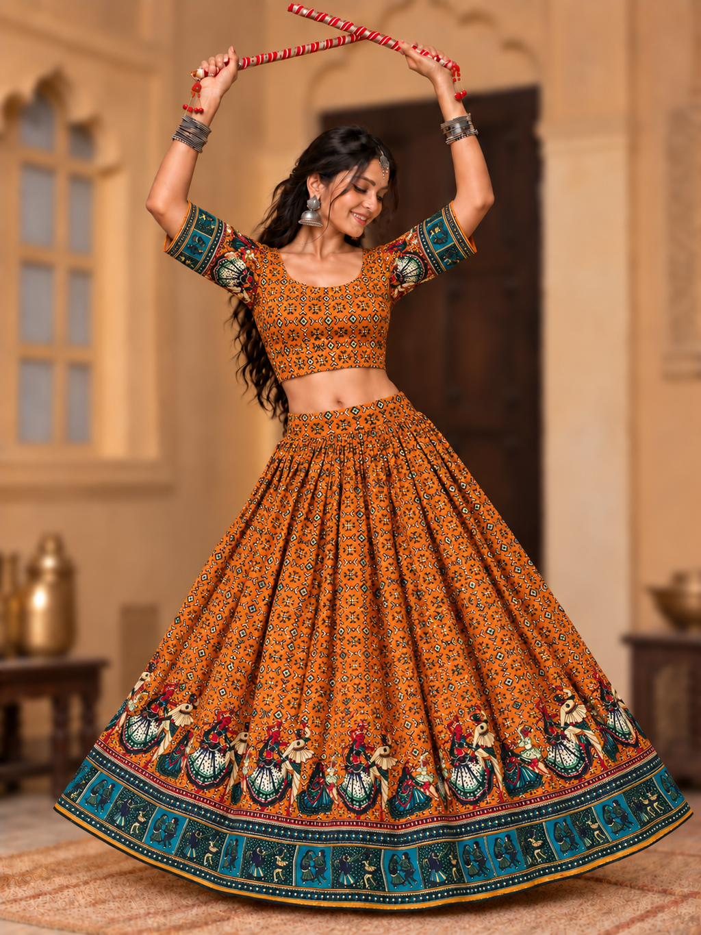 Orange Gopis Dancing Chania Choli model shot