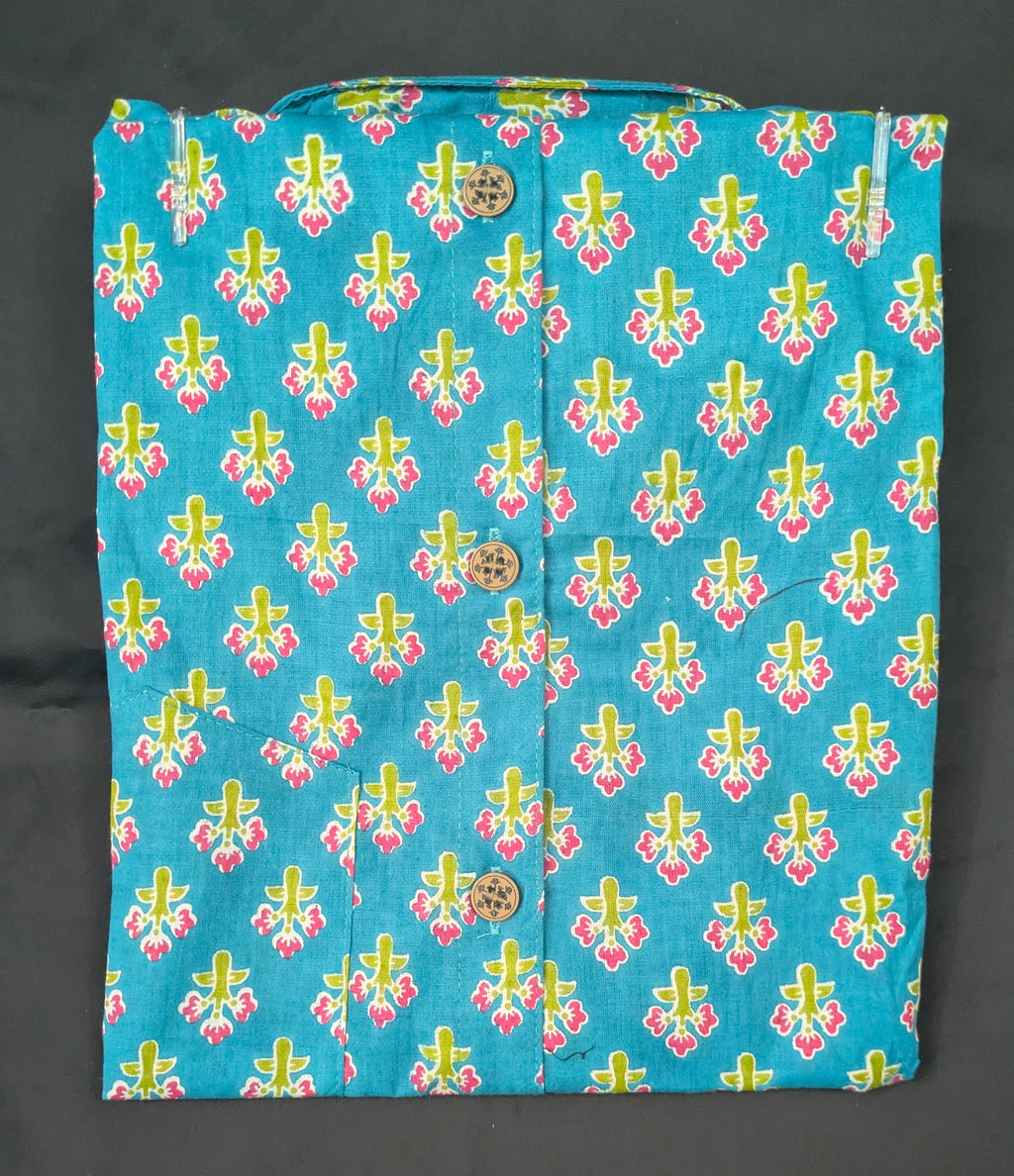 Turquoise Pink Floral Buta Print Shirt