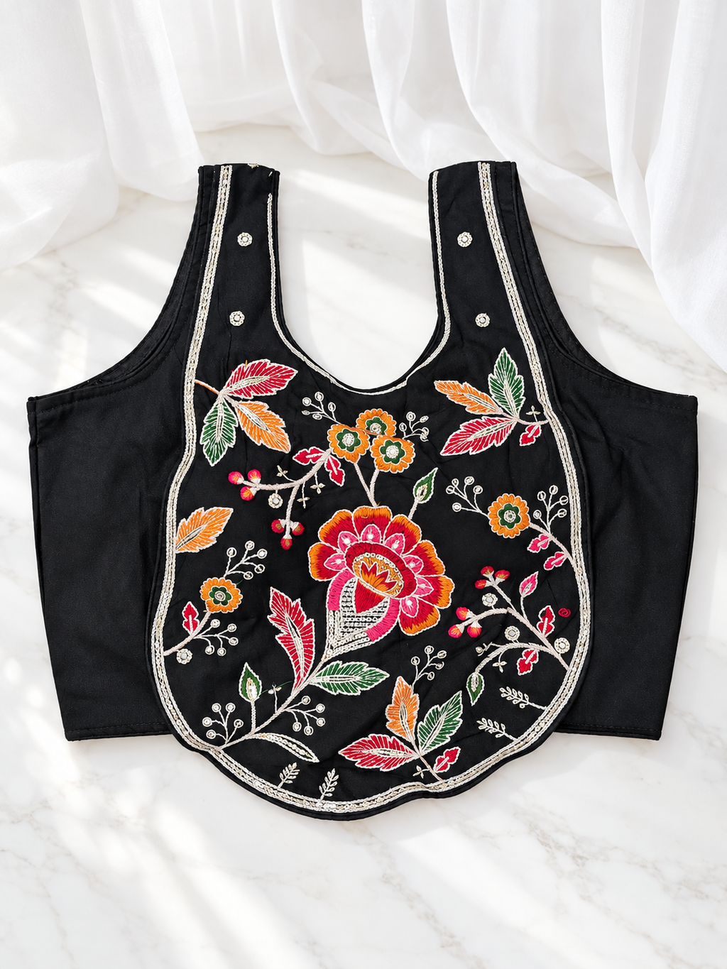 Floral embroidered black blouse front