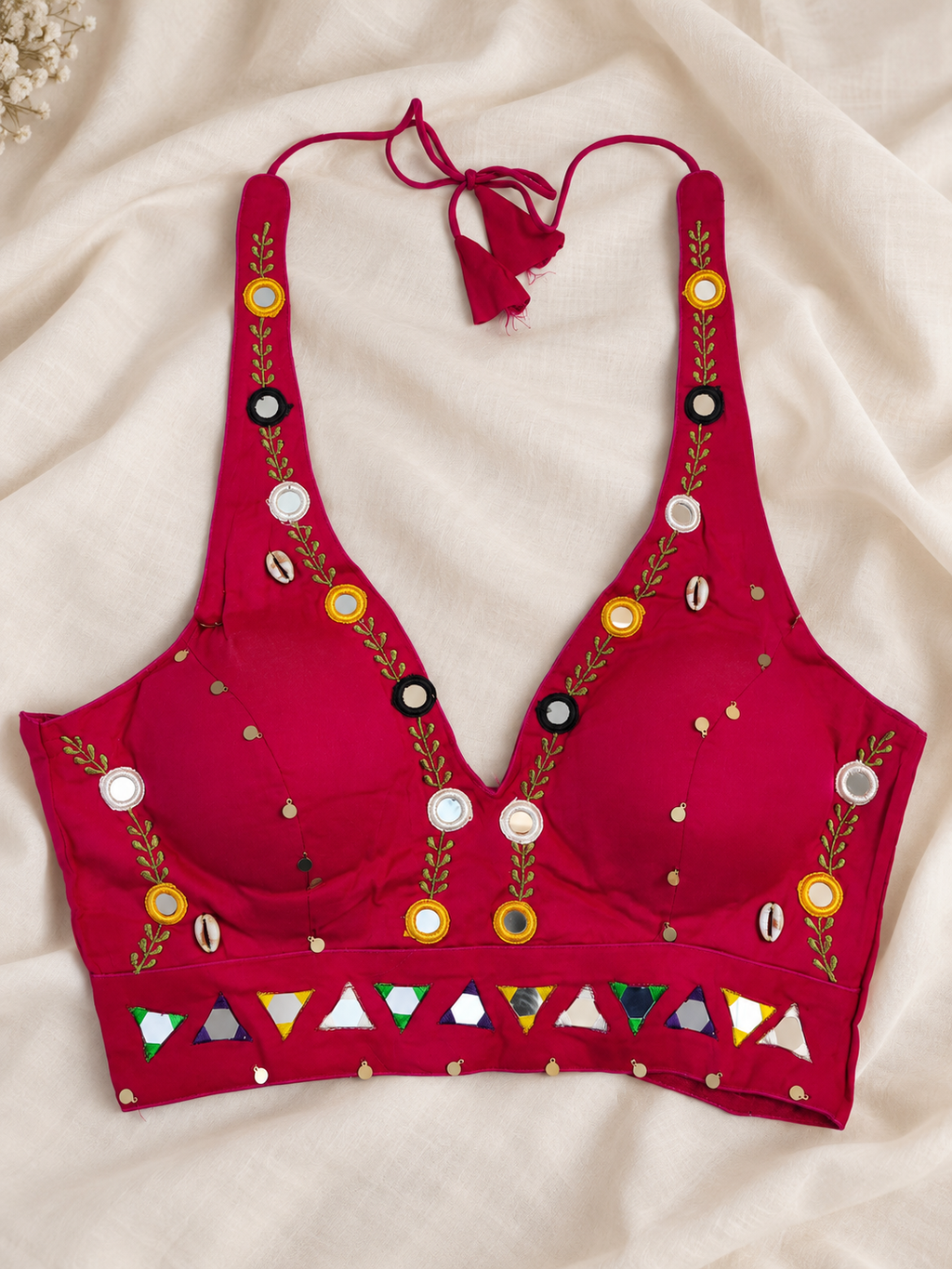 Halter Neck Red Cowrie and Mirror Work Blouse (plus size friendly)