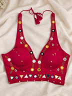 Halter Neck Red Cowrie and Mirror Work Blouse (plus size friendly)