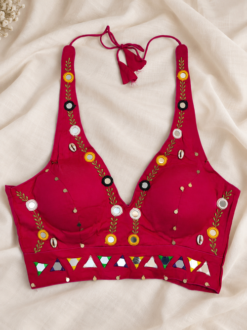 Halter Neck Red Cowrie and Mirror Work Blouse (plus size friendly)