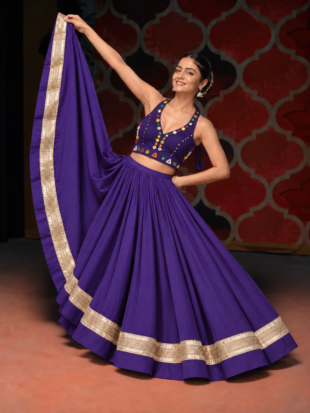 Navratri gotta patti lehenga purple model shot
