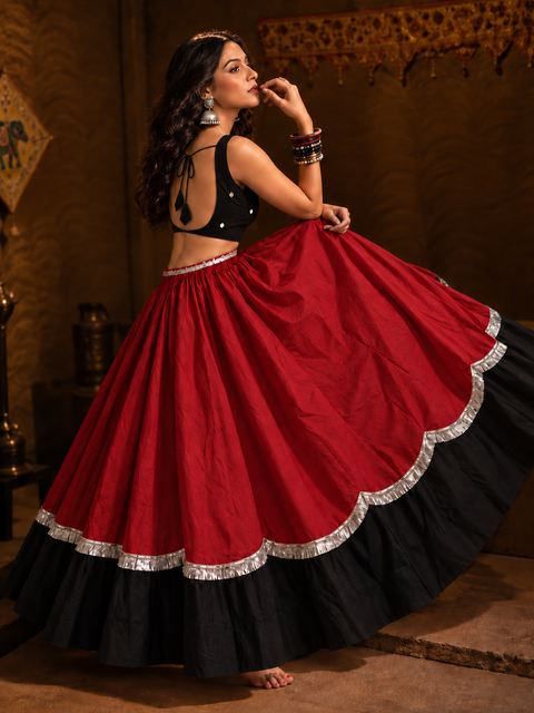 Red and black Navratri flared lehenga skirt model view