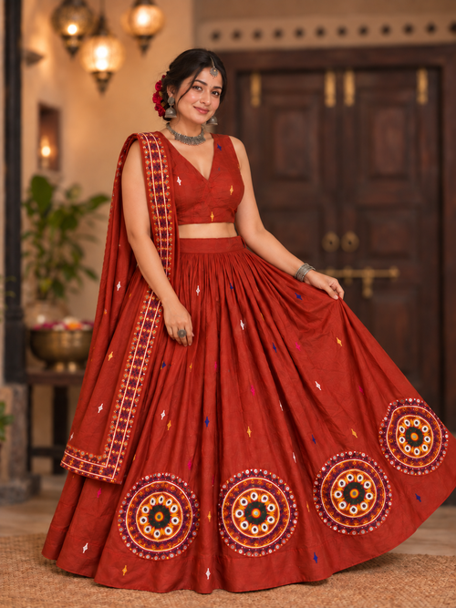 Rang Rasiya rust orange mirror-work Chania Choli on model