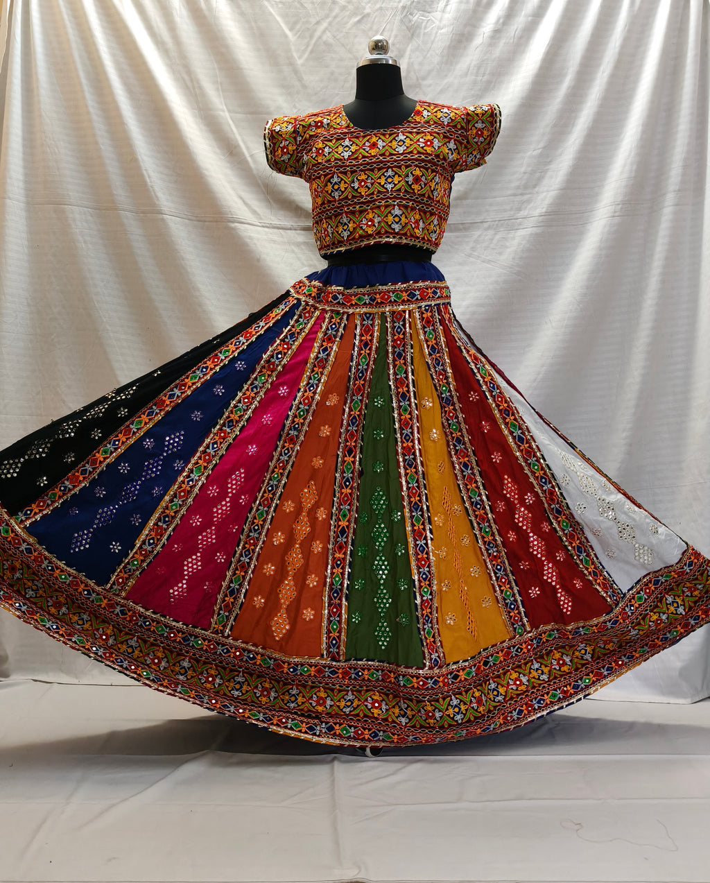 Multicolour panelled lehenga and embroidered blouse front view