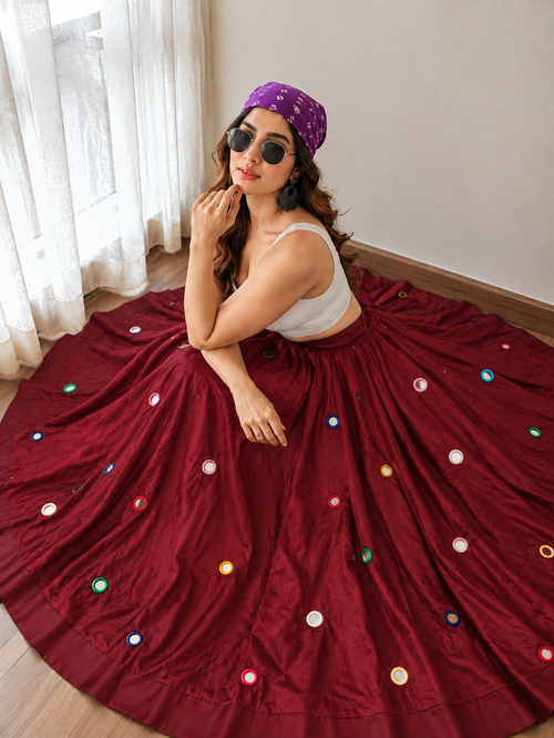 Rangrez deep maroon multicolour mirror-work Navratri lehenga skirt model view