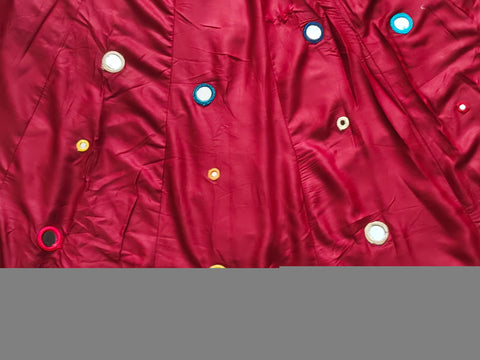 Deep maroon lehenga skirt multicolour mirror-work raw fabric close-up