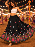 Black multicolour threadwork Navratri lehenga skirt model shot with detailed border
