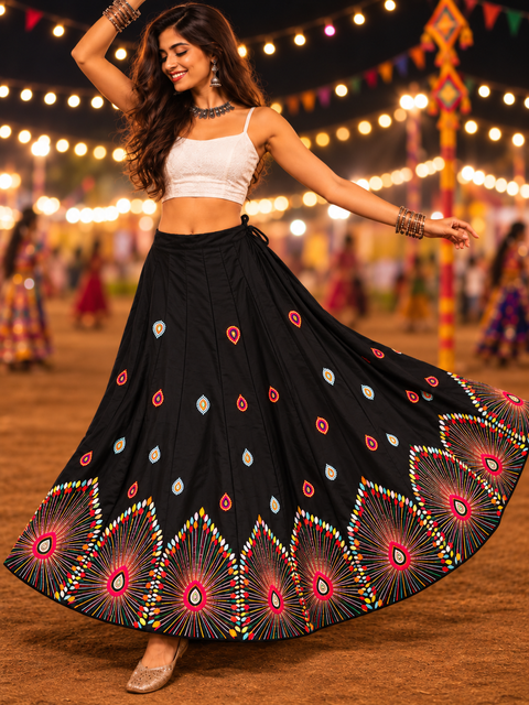 Black multicolour threadwork Navratri lehenga skirt model shot with detailed border
