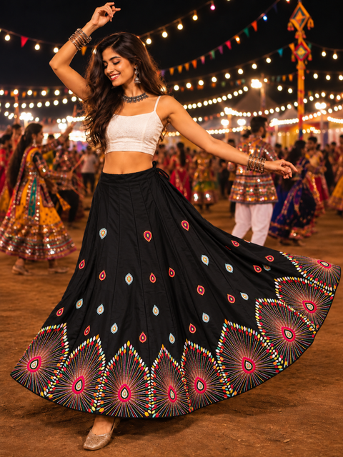 Black multicolour threadwork Navratri lehenga skirt model shot