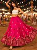 Deep Pink multicolour threadwork Navratri lehenga skirt model shot with detailed border