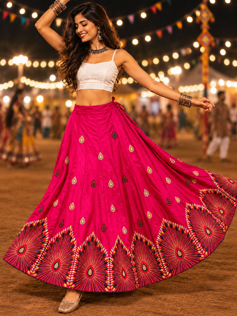 Deep Pink multicolour threadwork Navratri lehenga skirt model shot with detailed border