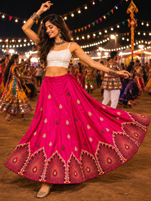Deep pink multicolour threadwork Navratri lehenga skirt model shot