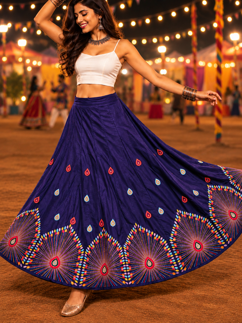 Navy multicolour threadwork Navratri lehenga skirt model shot with detailed border