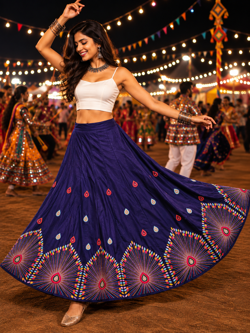 Navy multicolour threadwork Navratri lehenga skirt model shot