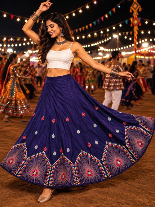 Navy multicolour threadwork Navratri lehenga skirt model shot