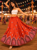 Orange multicolour threadwork Navratri lehenga skirt model shot with detailed border