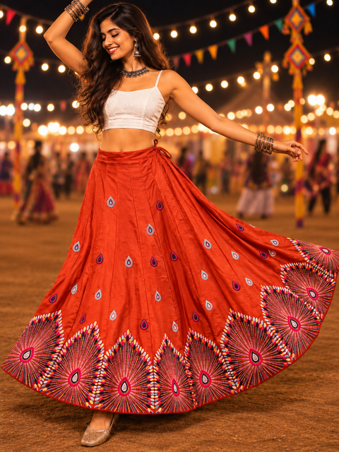 Orange multicolour threadwork Navratri lehenga skirt model shot with detailed border