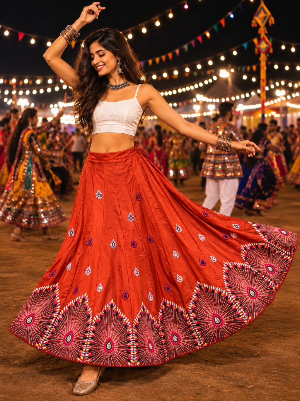 Orange multicolour threadwork Navratri lehenga skirt model shot