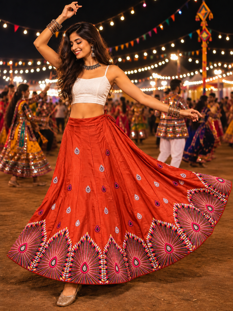 Orange multicolour threadwork Navratri lehenga skirt model shot