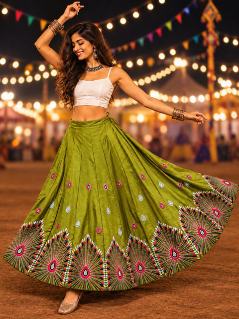 Parrot Green multicolour threadwork Navratri lehenga skirt model shot with detailed border