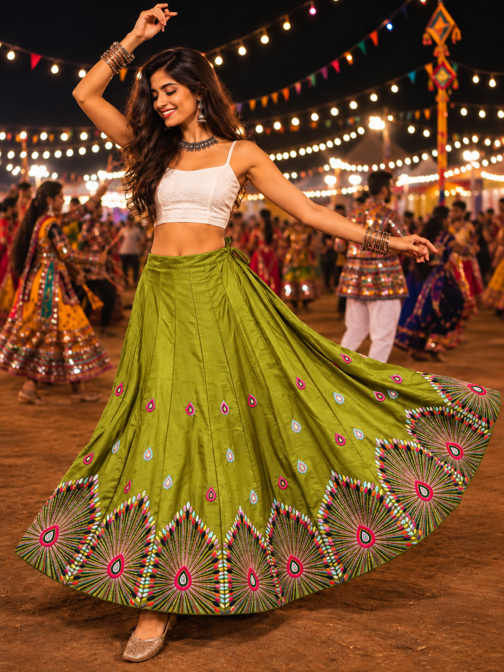 Parrot green multicolour threadwork Navratri lehenga skirt model shot