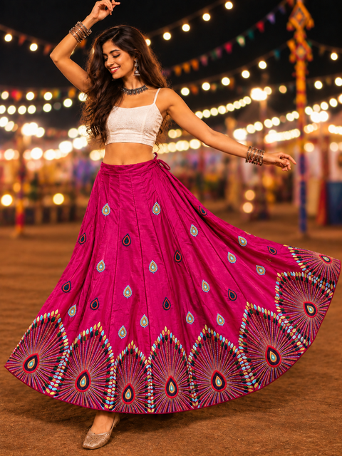 Pink multicolour threadwork Navratri lehenga skirt model shot with detailed border