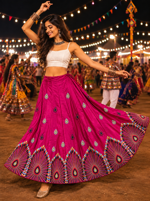 Pink multicolour threadwork Navratri lehenga skirt model shot