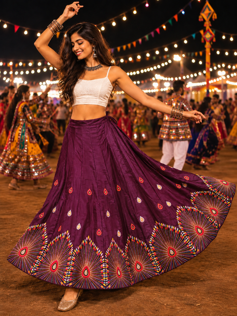 Purple multicolour threadwork Navratri lehenga skirt model shot