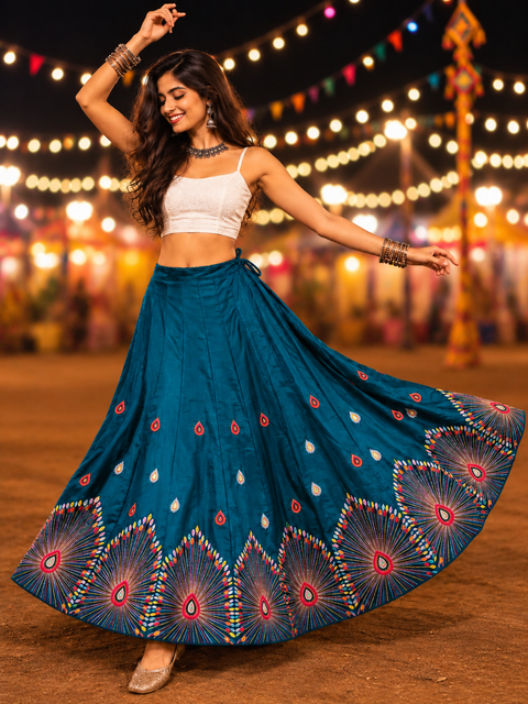 Teal multicolour threadwork Navratri lehenga skirt model shot with detailed border