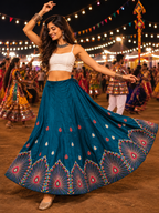 Teal multicolour threadwork Navratri lehenga skirt model shot