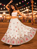 White multicolour threadwork Navratri lehenga skirt model shot with detailed border