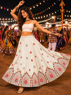 White multicolour threadwork Navratri lehenga skirt model shot