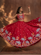 Model wearing red embroidered Navratri chaniya choli