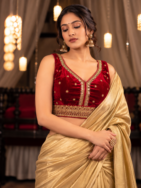 Red Velvet Blouse with Golden Embroidery | Sleeveless Festive &amp; Wedding Blouse