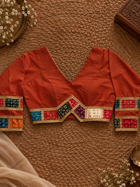 Rust orange patchwork choli front view