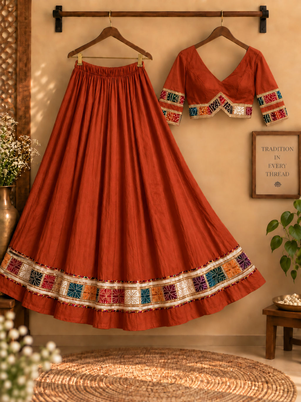 Rust orange ghagara and blouse product display