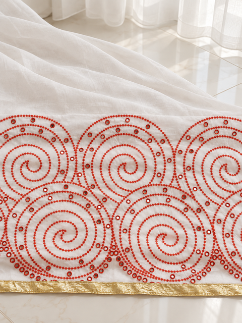 White dupatta red spiral embroidery and mirror detail