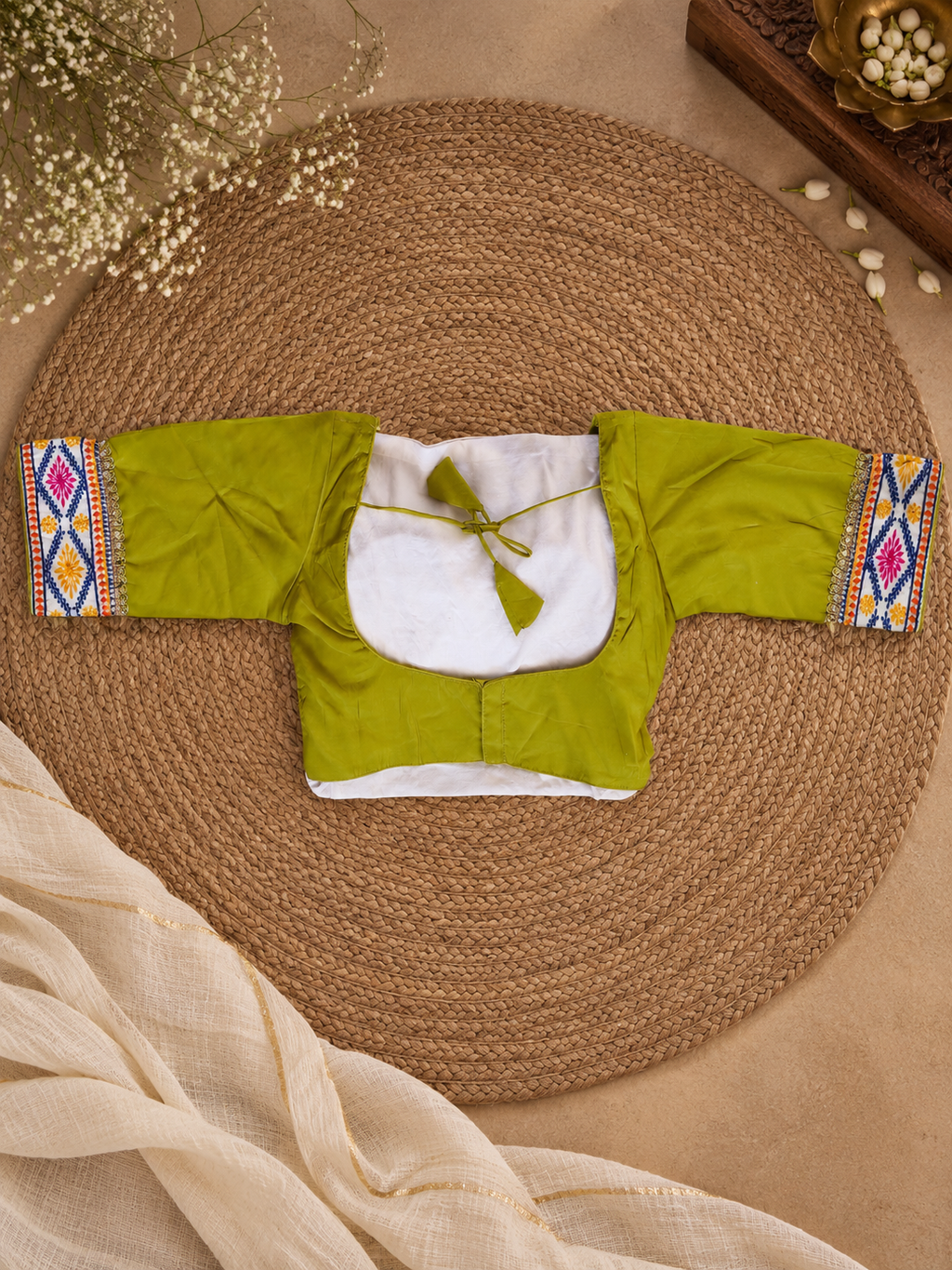 Parrot Green designer mirror-work blouse back