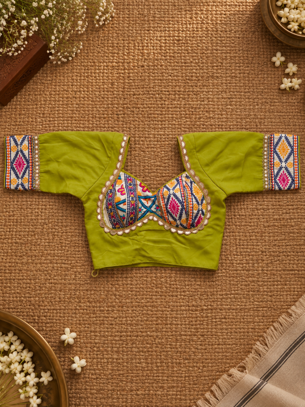 Parrot Green designer mirror-work blouse front