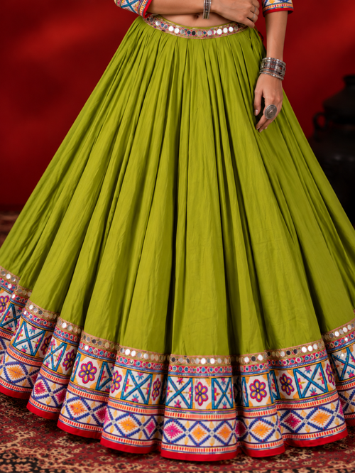 Sheesh Mahal Parrot Green chaniya choli close-up
