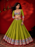 Sheesh Mahal Parrot Green mirror-work chaniya choli model view