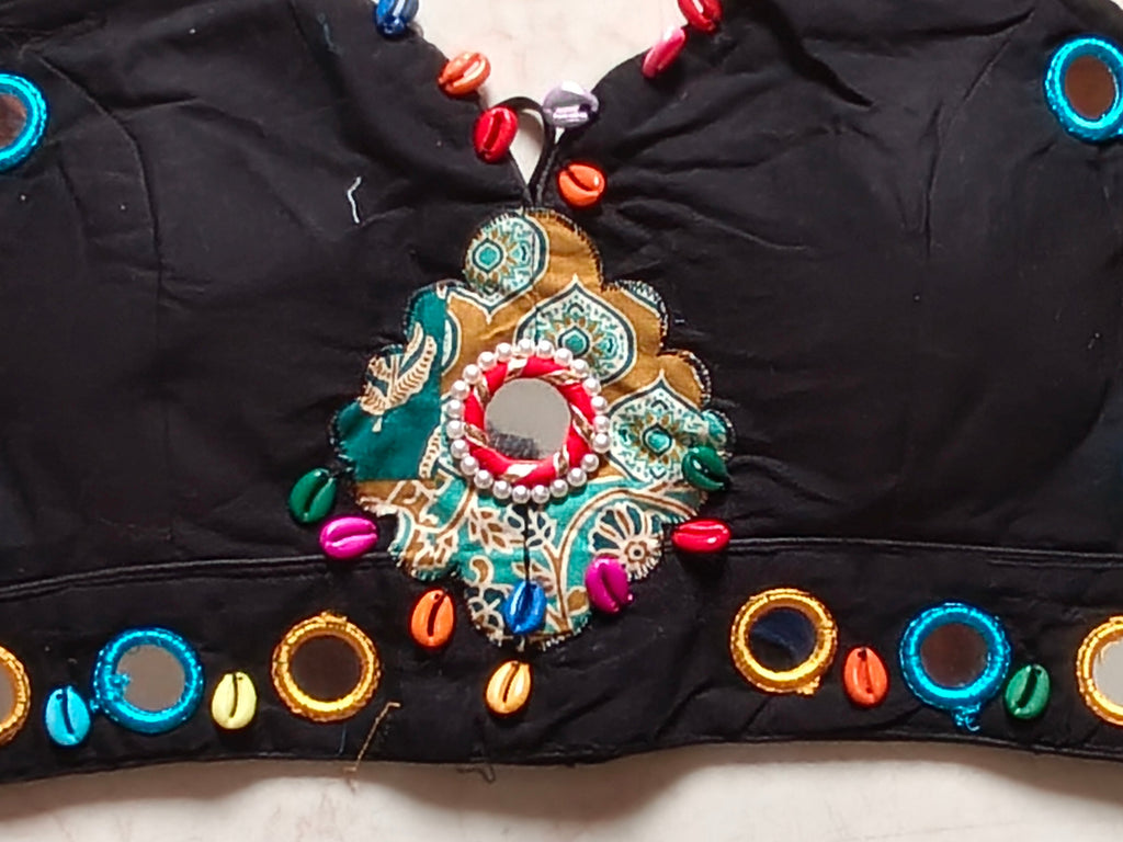 Sheesh Raas Applique Cowrie Mirror Ghagara Set Black close view