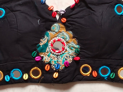 Sheesh Raas Applique Cowrie Mirror Ghagara Set Black close view