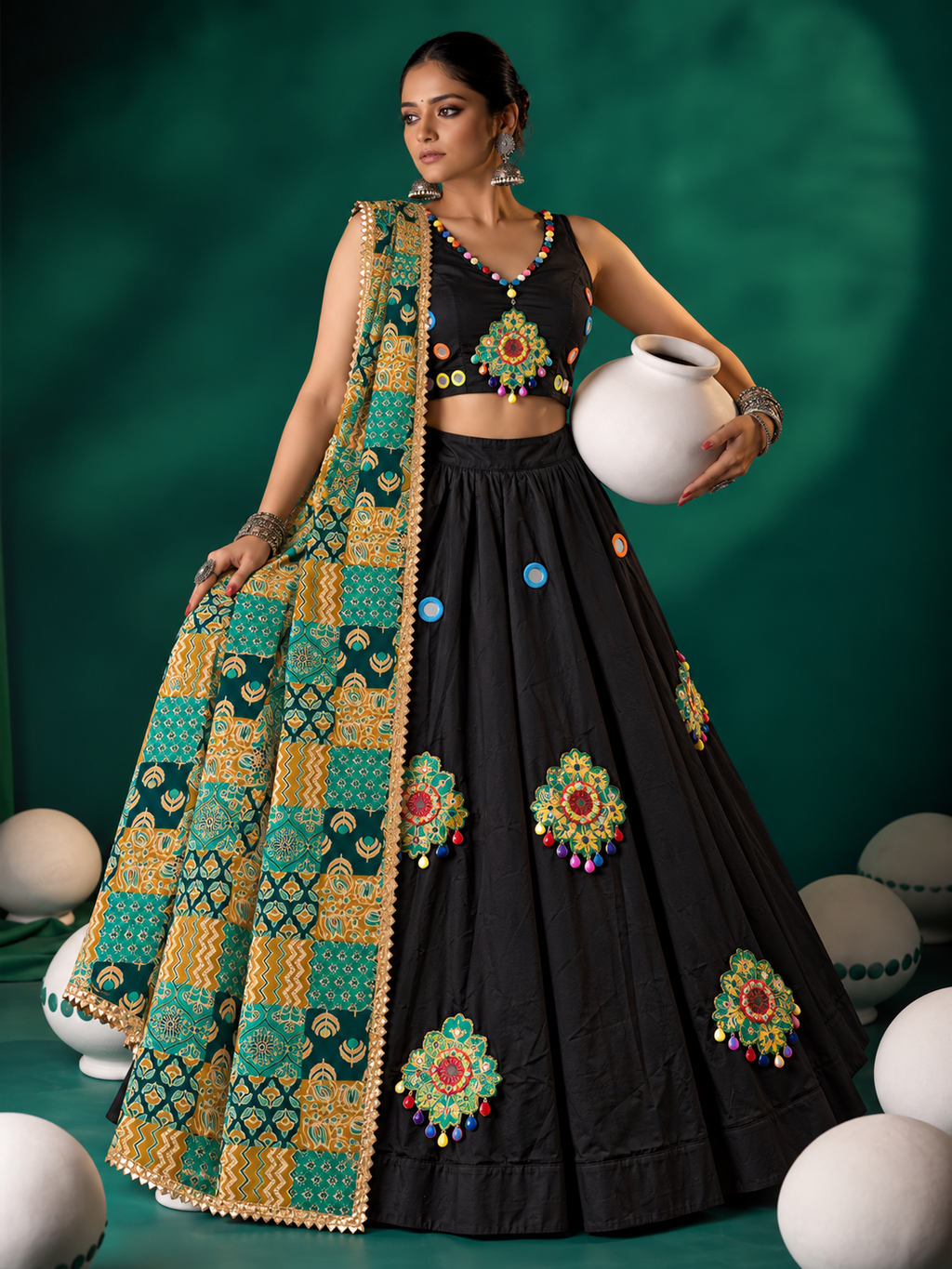 Sheesh Raas Applique Cowrie Mirror Ghagara Set Black model shot