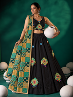 Sheesh Raas Applique Cowrie Mirror Ghagara Set Black model shot