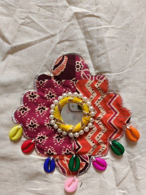 Sheesh Raas Applique Cowrie Mirror Ghagara Set White close view