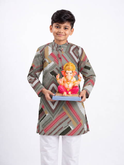 Boy wearing Taare Zameen Par geometric kurta set with white pants